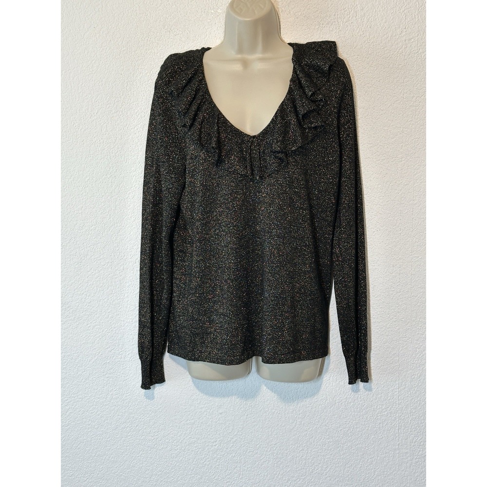 Lauren Ralph Lauren Blouse Top Women's Large Black Gold Fleck Ruffle Neck‎ Event